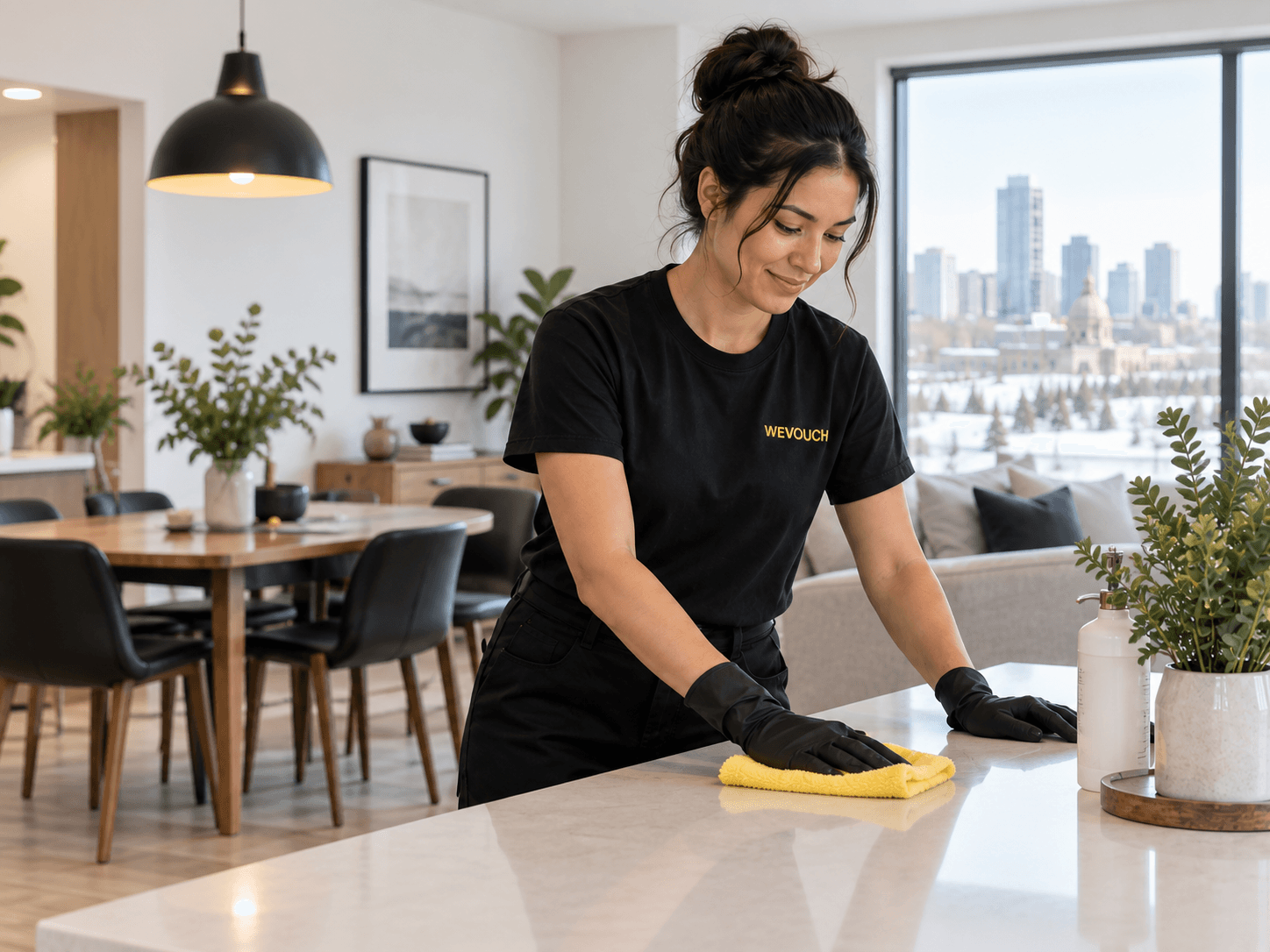 A WEVOUCH cleaner at work in a bright residential kitchen